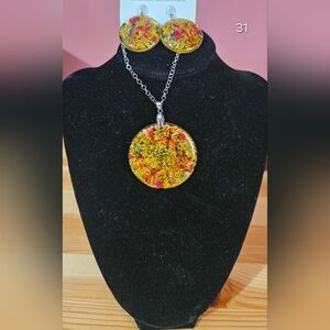 Colorful Floral Pendant Necklace And Earrings